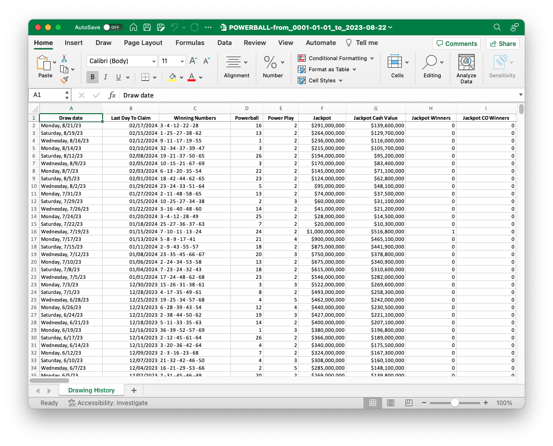 A screenshot of the Powerball spreadsheet opened in Excel.