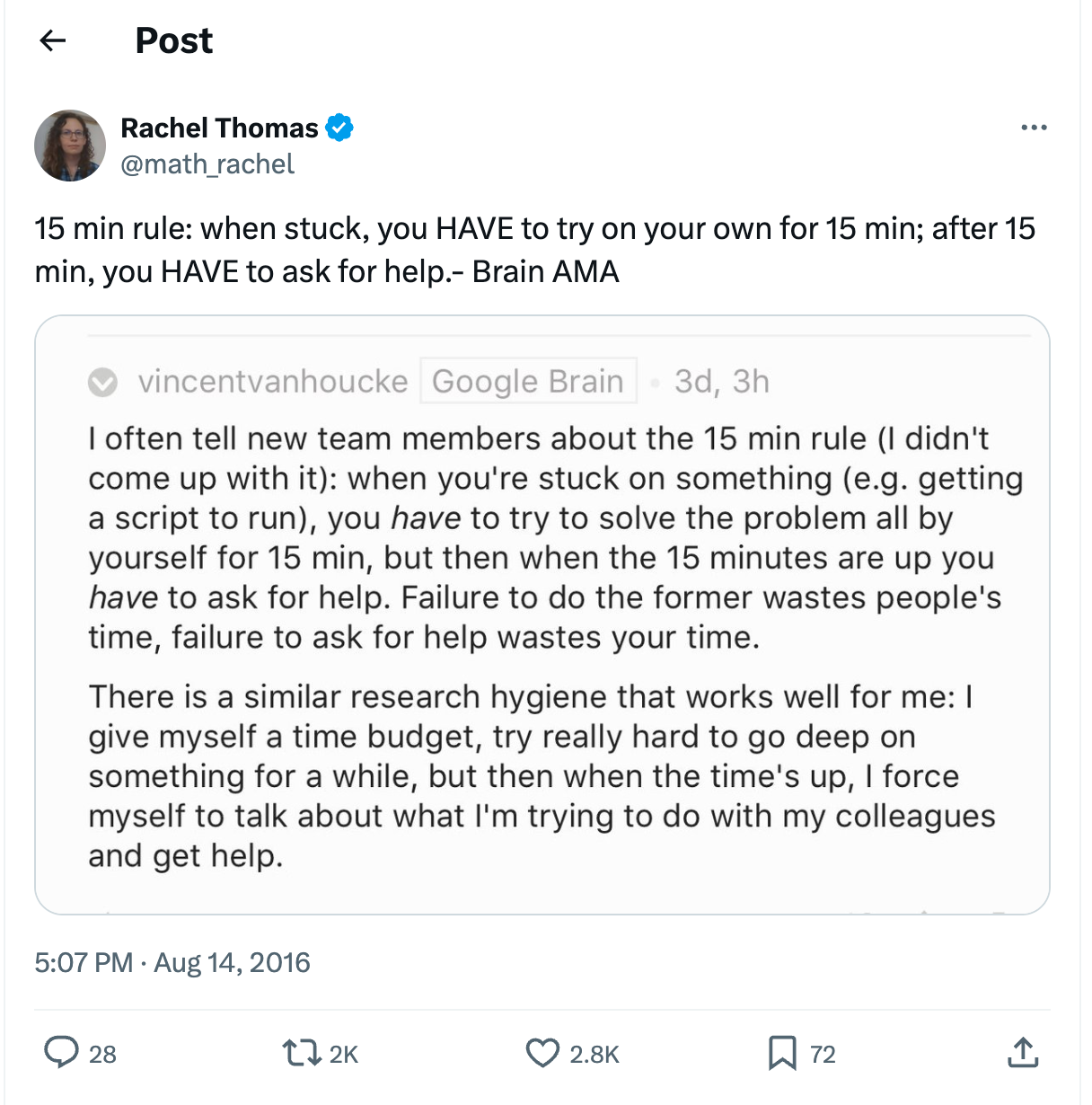 A screenshot of a tweet that defines the 15 minute rule. The tweet reads: '15 min rule: when stuck, you HAVE to try on your own for 15 min; after 15 min, you HAVE to ask for help.- Brain AMA'