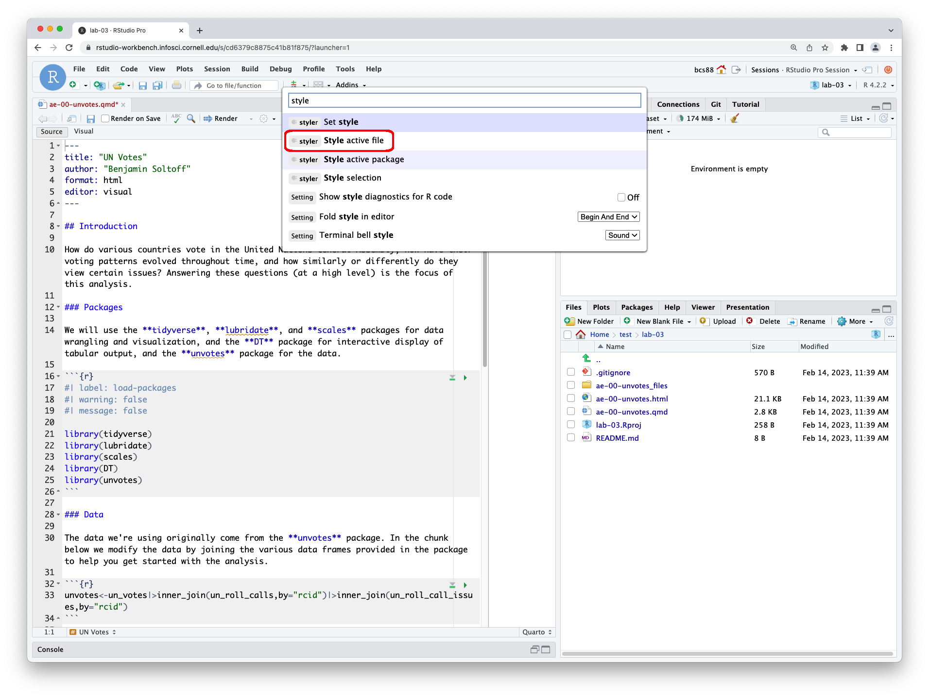 A screenshot of the RStudio IDE interface with the Command Palette used to select 'style active file'.