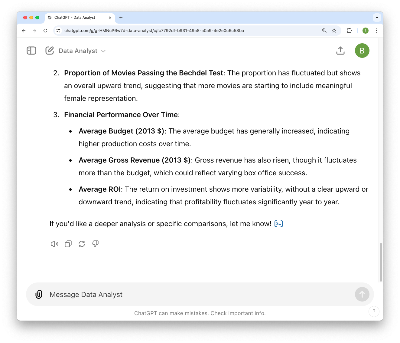 A ChatGPT window with a conversation about data analysis