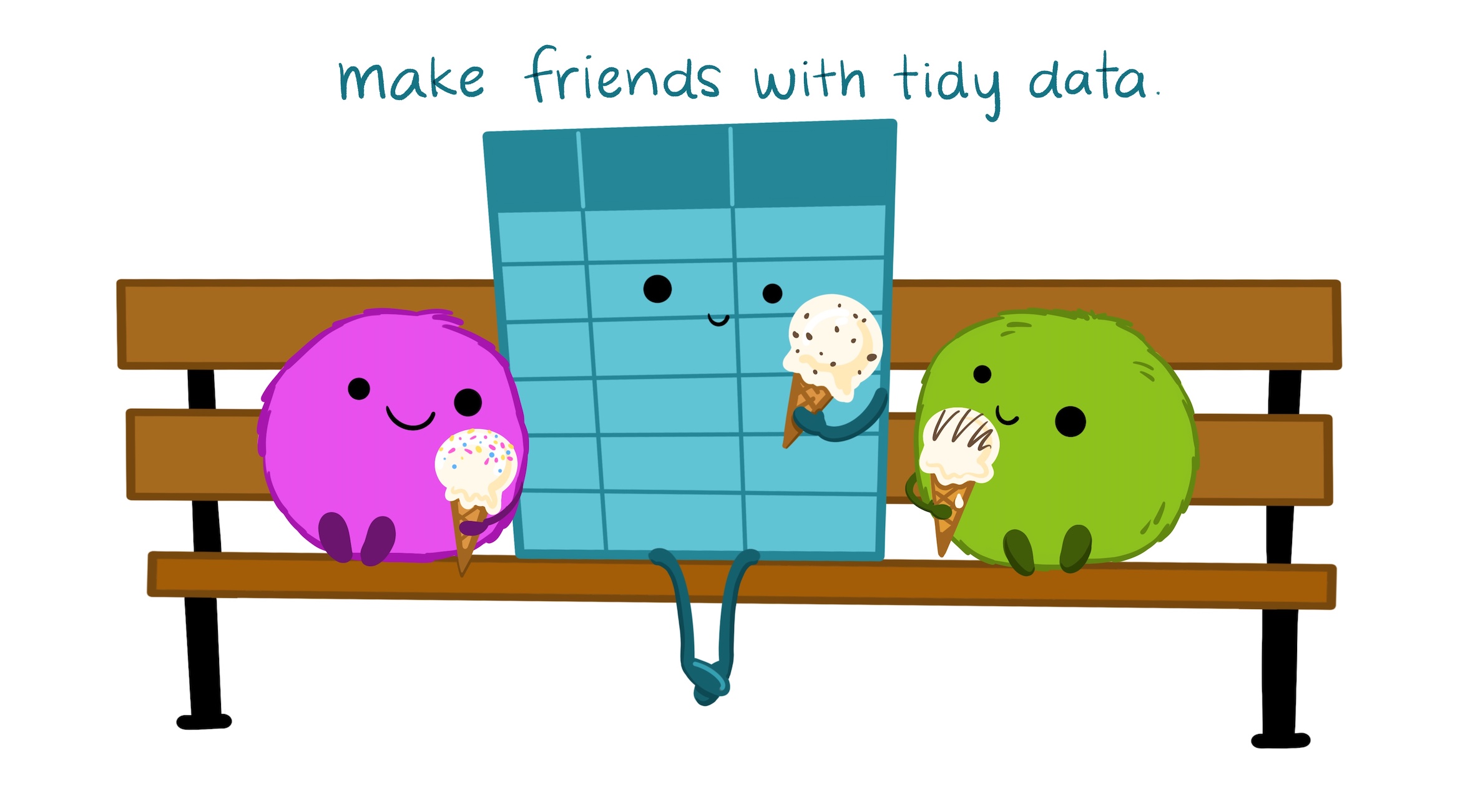 Digital illustration of two cute fuzzy monsters sitting on a park bench with a smiling data table between them, all eating ice cream together. In text above the illustration are the hand drawn words "make friends with tidy data."