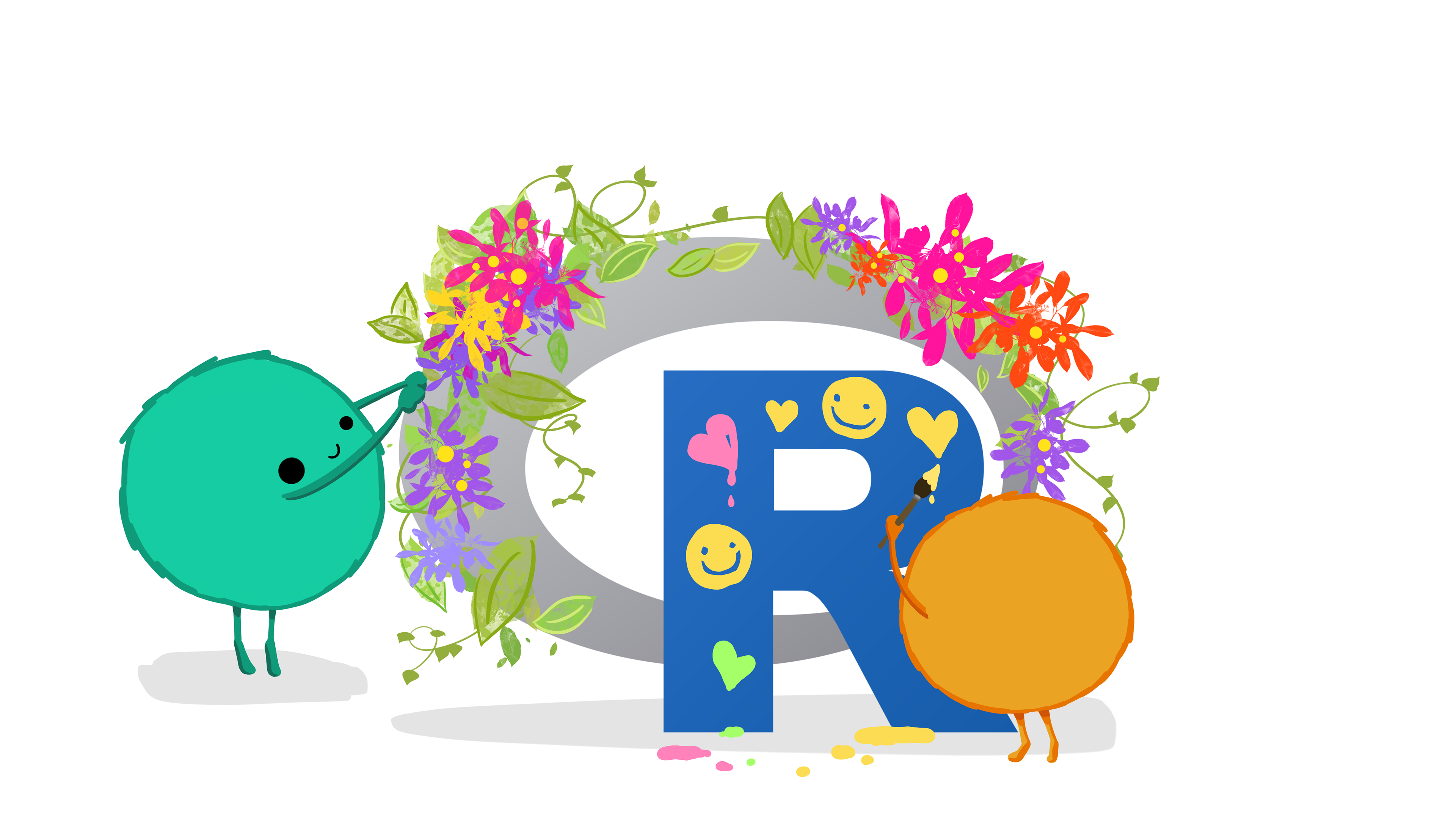 Two fuzzy monsters painting smilely faces on the R logo surrounded by a wreath of flowers.